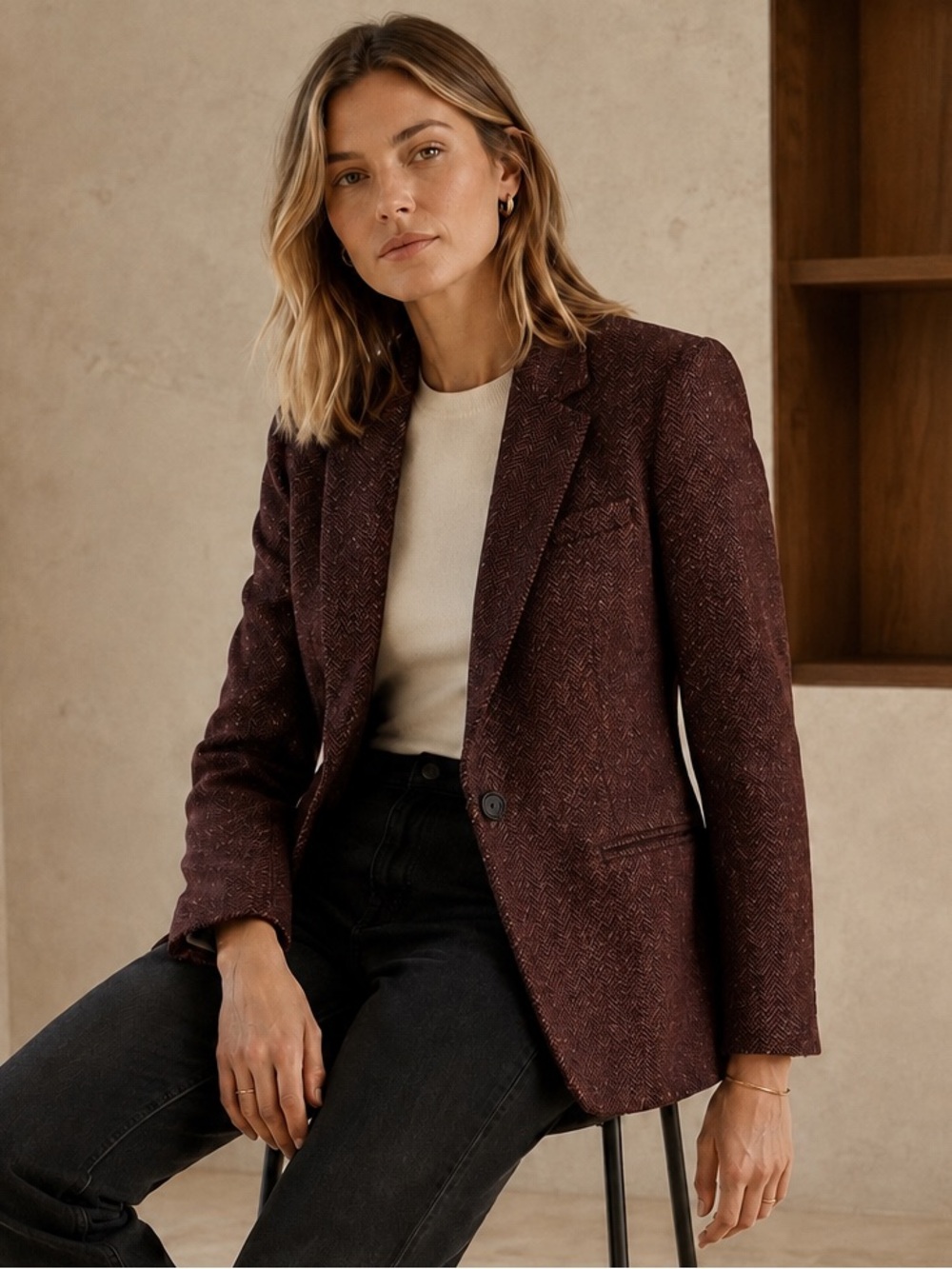 Banana Republic Wool Silk Herringbone Donegal Blazer Wine Red 6